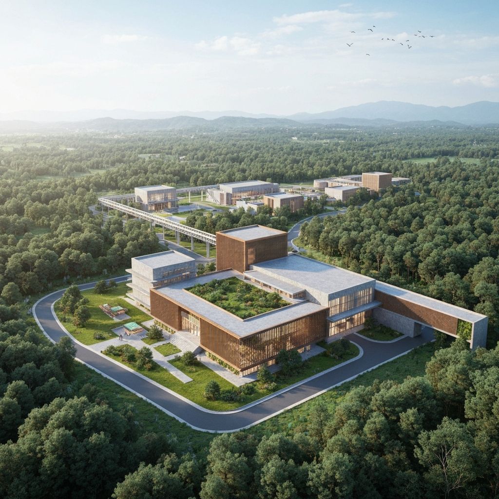 Modern eco-friendly mining facility integrated harmoniously with natural environment