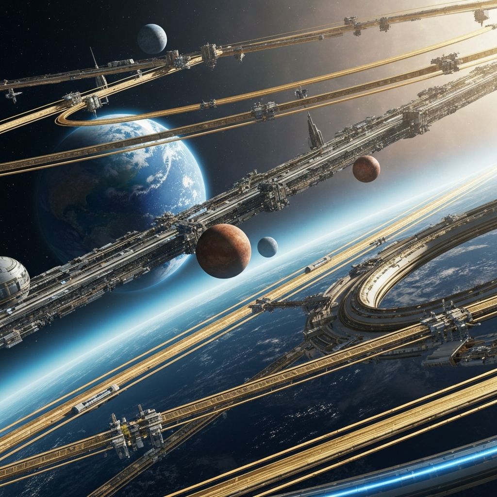Futuristic interplanetary economy with Earth, Moon, and Mars connected by resource networks