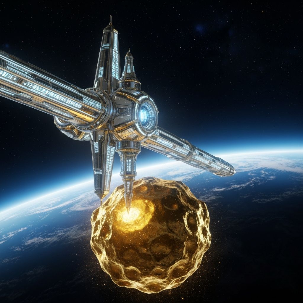 Futuristic space mining operation with elegant spacecraft extracting resources from asteroid