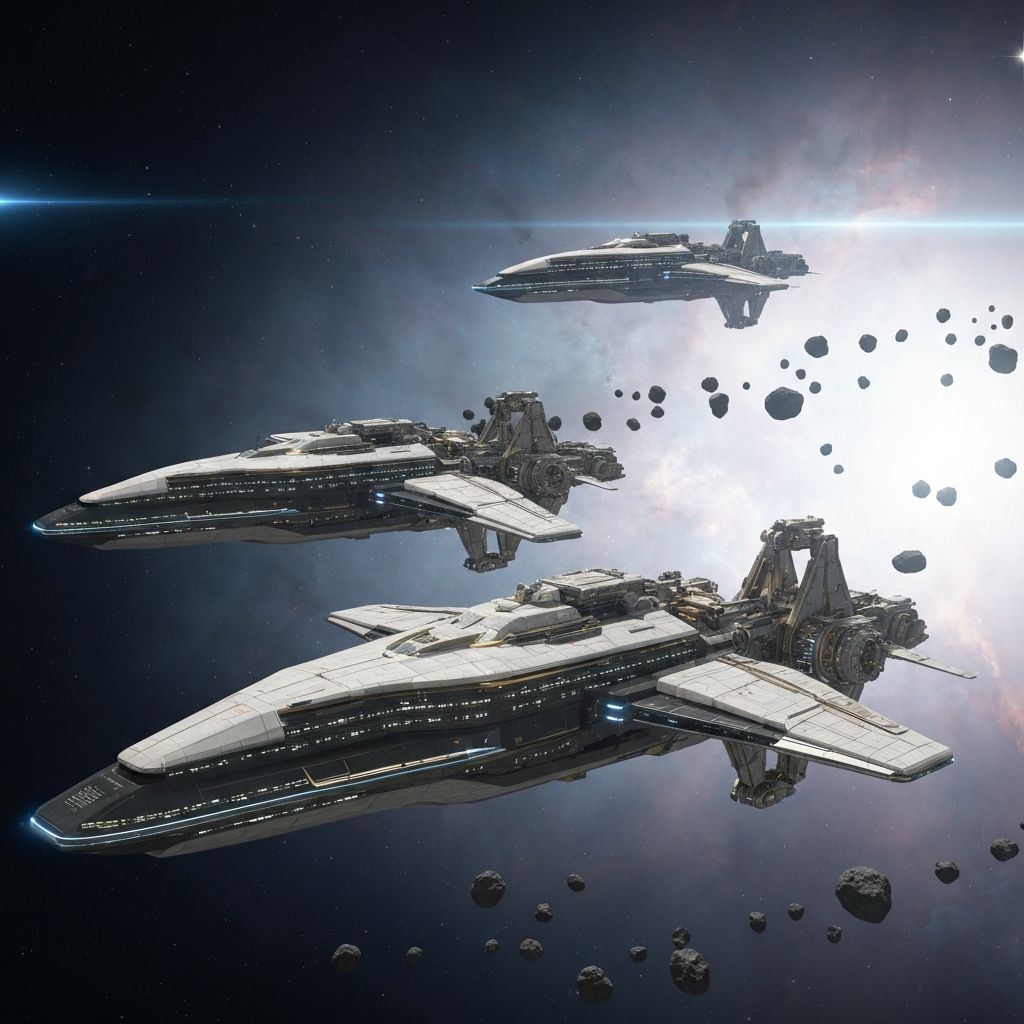 Sophisticated space mining vessels harvesting resources from asteroid belt